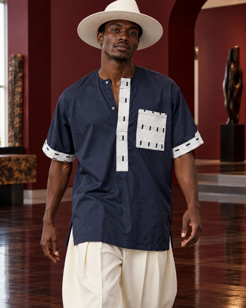 Chemise homme manches courtes en coton bleu marine et pagne Kente blanc et noir tissé main