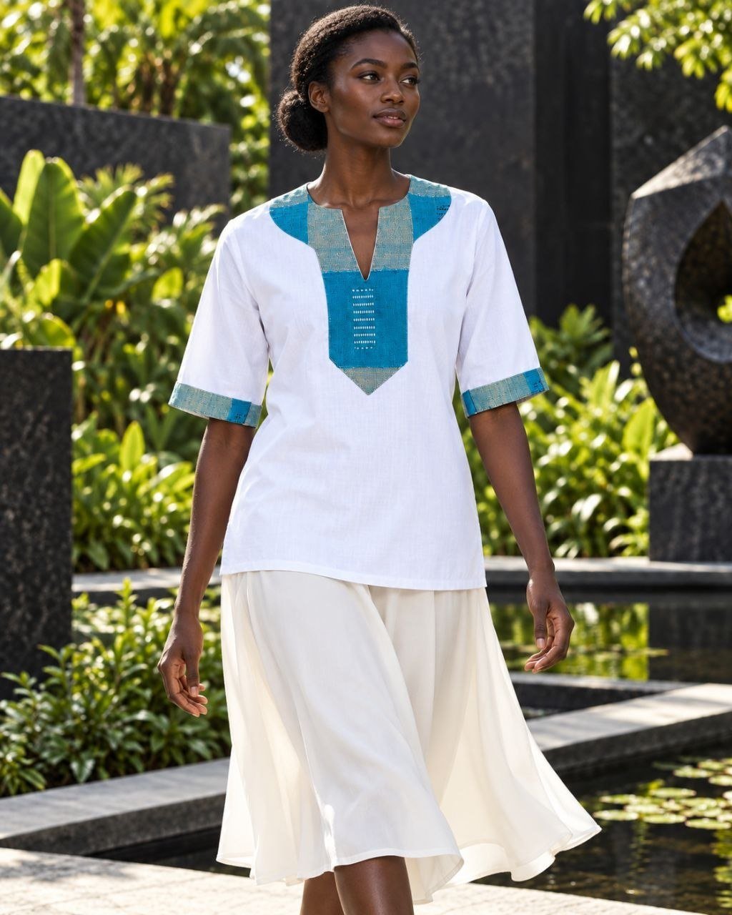 Chemise mixte à plastron et col V en coton blanc et pagne Sénoufo bleu et gris, portée par une femme avec une jupe