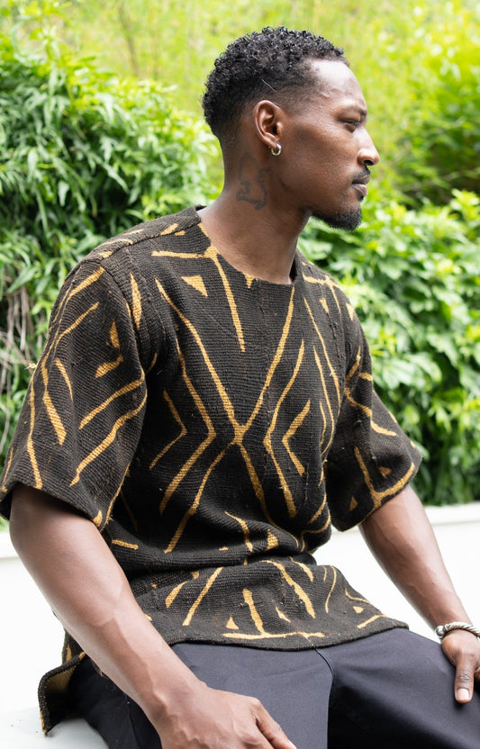 Chemise Tunique Kaarta en Bogolan marron du Mali en tunique homme artisanal africain - KaolackCreations