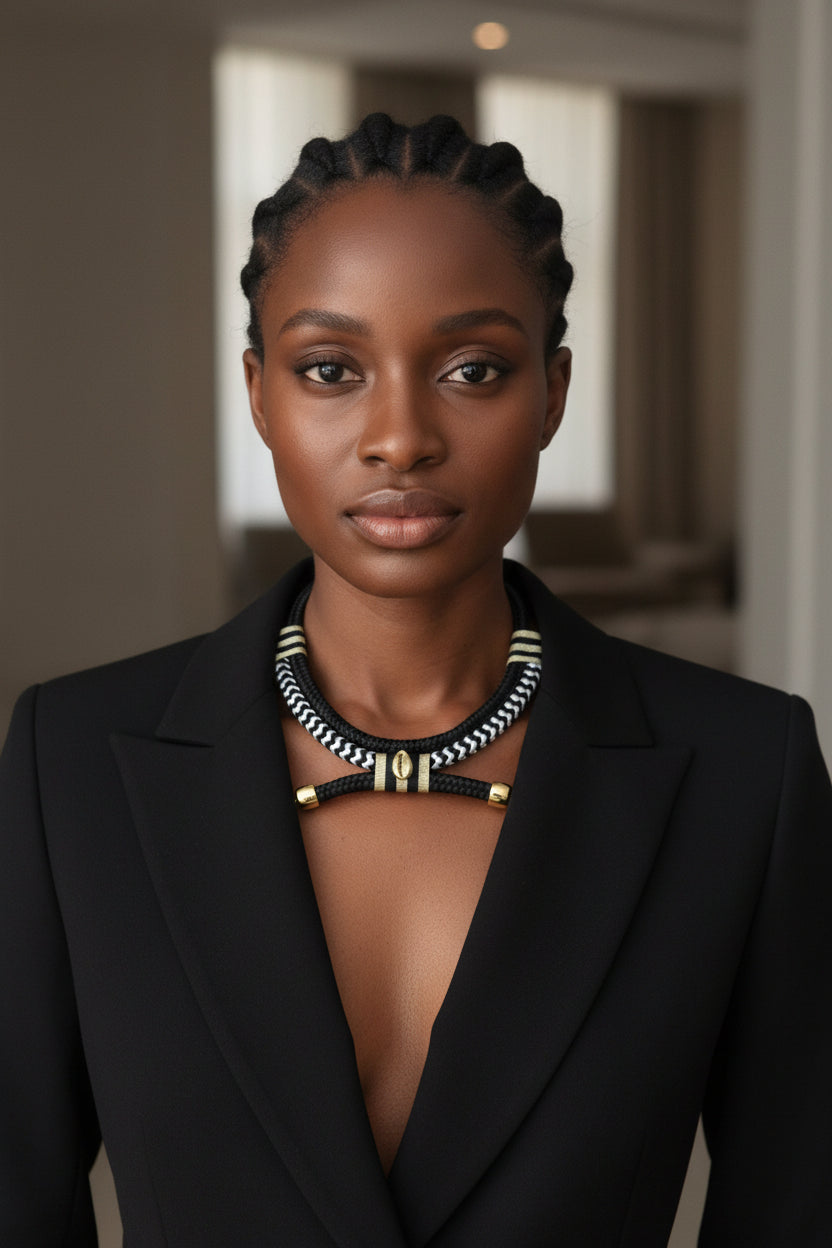 Collier africain en cordage noir avec détail doré et cauri central porté au cou