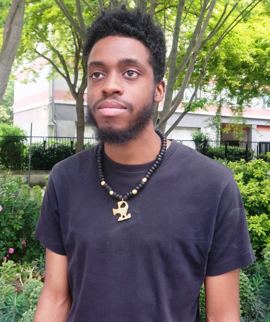 Collier Africain en Perles Traditionnelles Guele Djiri du Mali et Poids Akan & Symboles Adinkra du Ghana en Collier perles bois Mali et poids akan Ghana artisanal africain - KaolackCreations