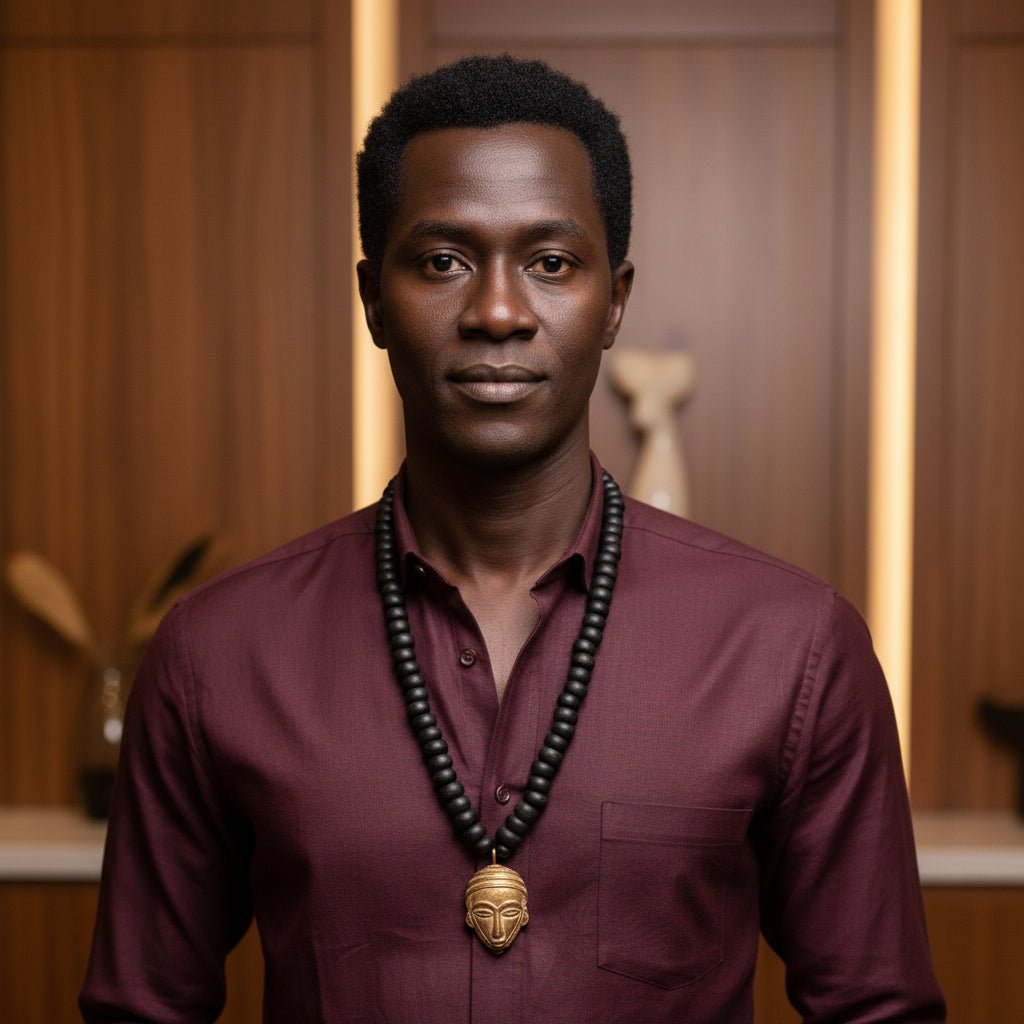 Collier africain perles bois Guele Djiri et poids Akan en Collier perles bois Mali et poids akan Ghana artisanal africain - KaolackCreations