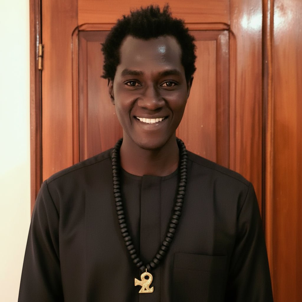 Collier africain perles bois Guele Djiri et poids Akan en Collier perles bois Mali et poids akan Ghana artisanal africain - KaolackCreations
