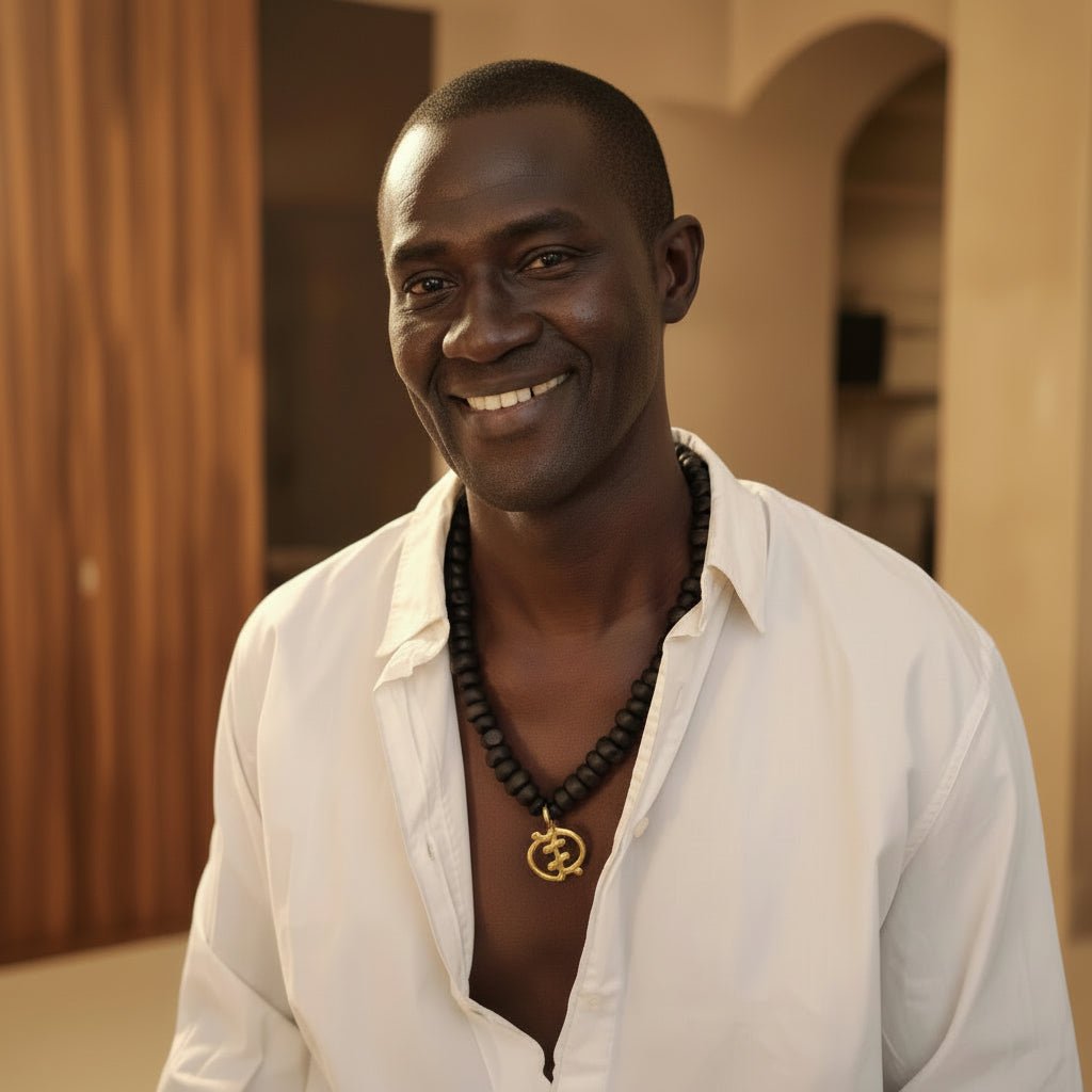 Collier africain perles bois Guele Djiri et poids Akan en Collier perles bois Mali et poids akan Ghana artisanal africain - KaolackCreations