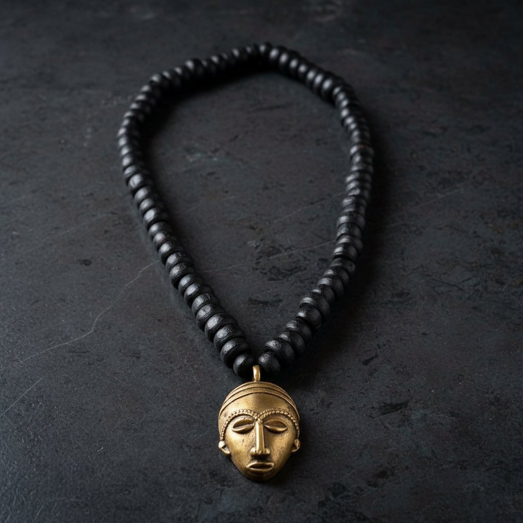 Collier africain perles bois Guele Djiri et poids Akan en Collier perles bois Mali et poids akan Ghana artisanal africain - KaolackCreations