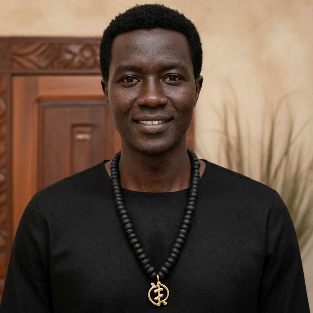 Collier africain perles bois Guele Djiri et poids Akan en Collier perles bois Mali et poids akan Ghana artisanal africain - KaolackCreations