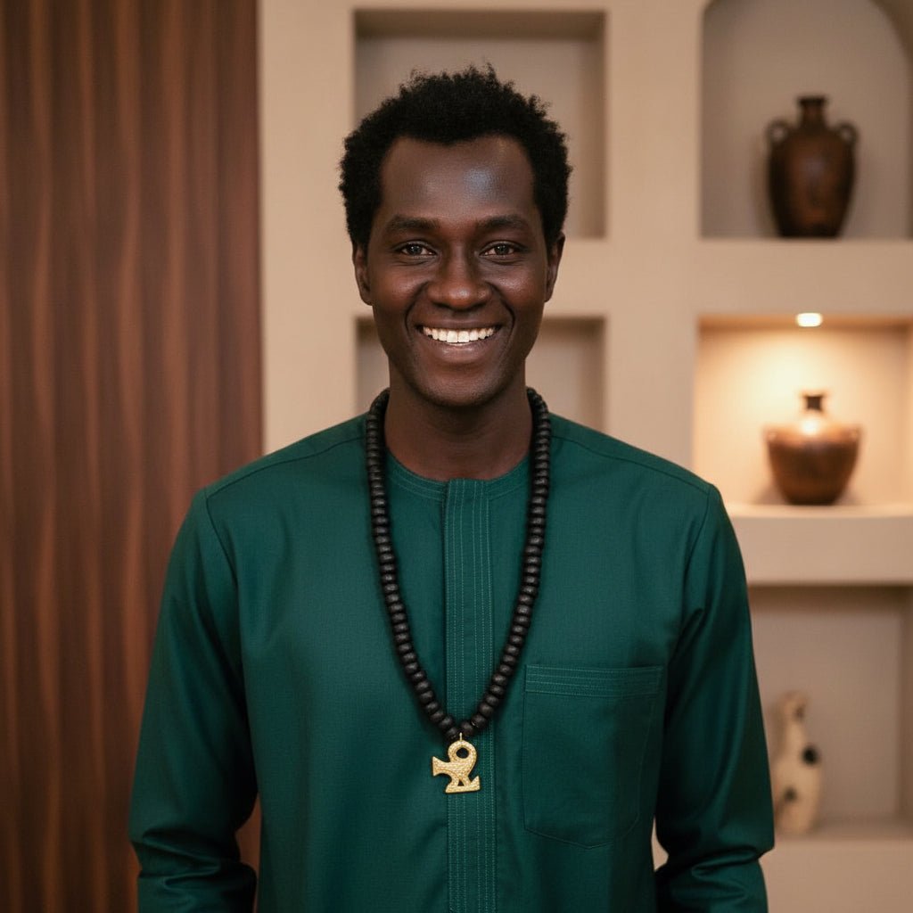 Collier africain perles bois Guele Djiri et poids Akan en Collier perles bois Mali et poids akan Ghana artisanal africain - KaolackCreations