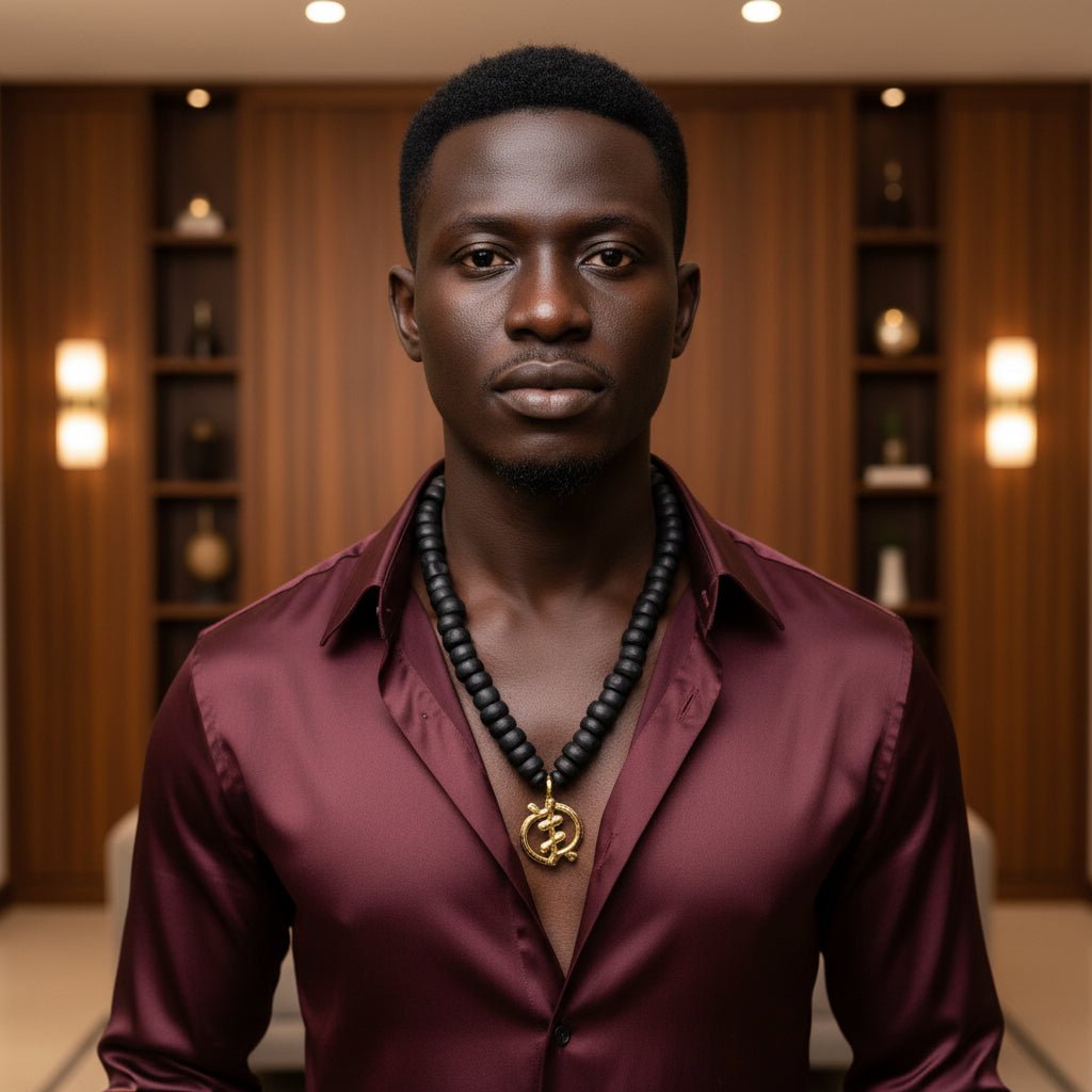 Collier africain perles bois Guele Djiri et poids Akan en Collier perles bois Mali et poids akan Ghana artisanal africain - KaolackCreations