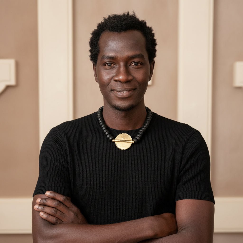 Collier africain perles bois Guele Djiri et poids Akan en Collier perles bois Mali et poids akan Ghana artisanal africain - KaolackCreations