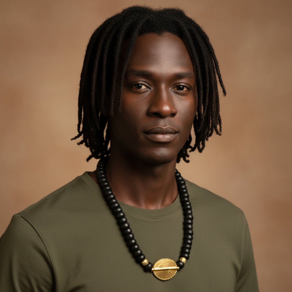 Collier africain perles bois Guele Djiri et poids Akan en Collier perles bois Mali et poids akan Ghana artisanal africain - KaolackCreations
