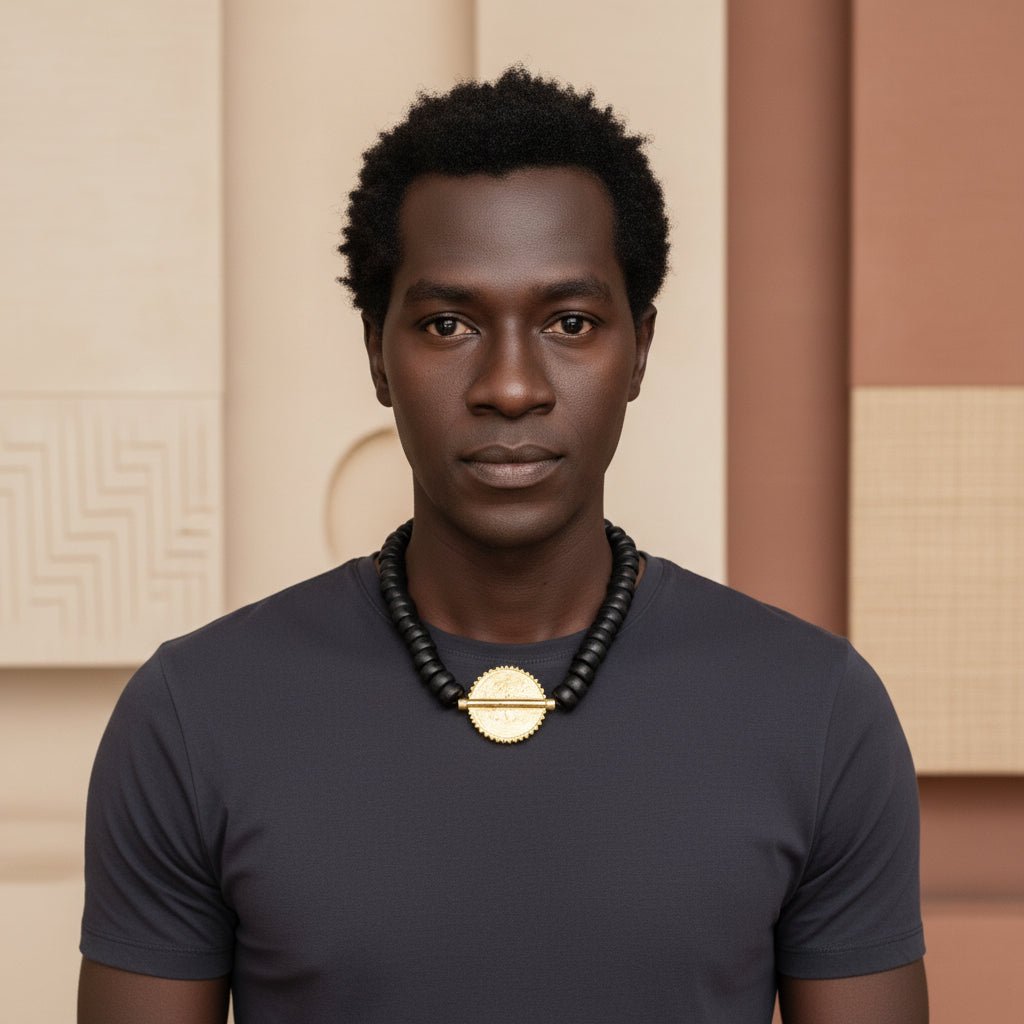 Collier africain perles bois Guele Djiri et poids Akan en Collier perles bois Mali et poids akan Ghana artisanal africain - KaolackCreations