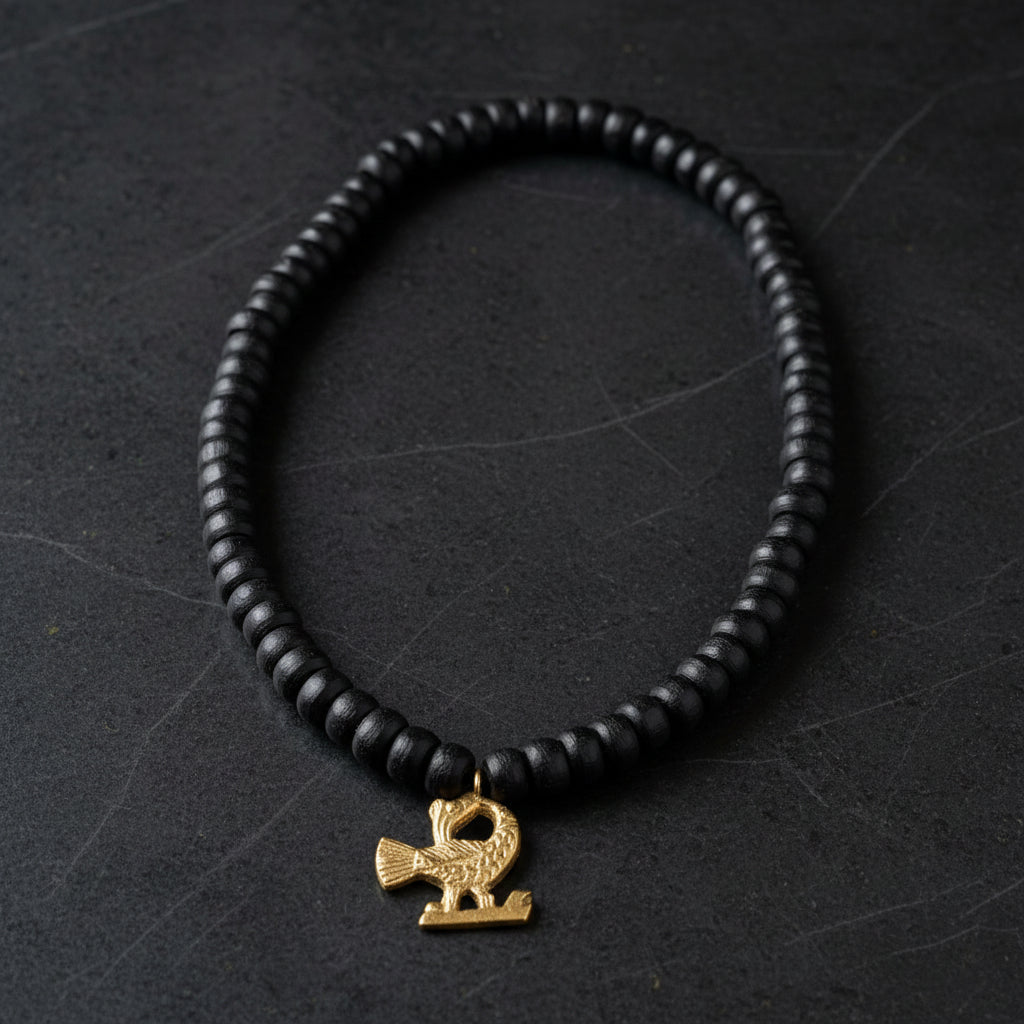 Collier africain perles bois Guele Djiri et poids Akan en Collier perles bois Mali et poids akan Ghana artisanal africain - KaolackCreations
