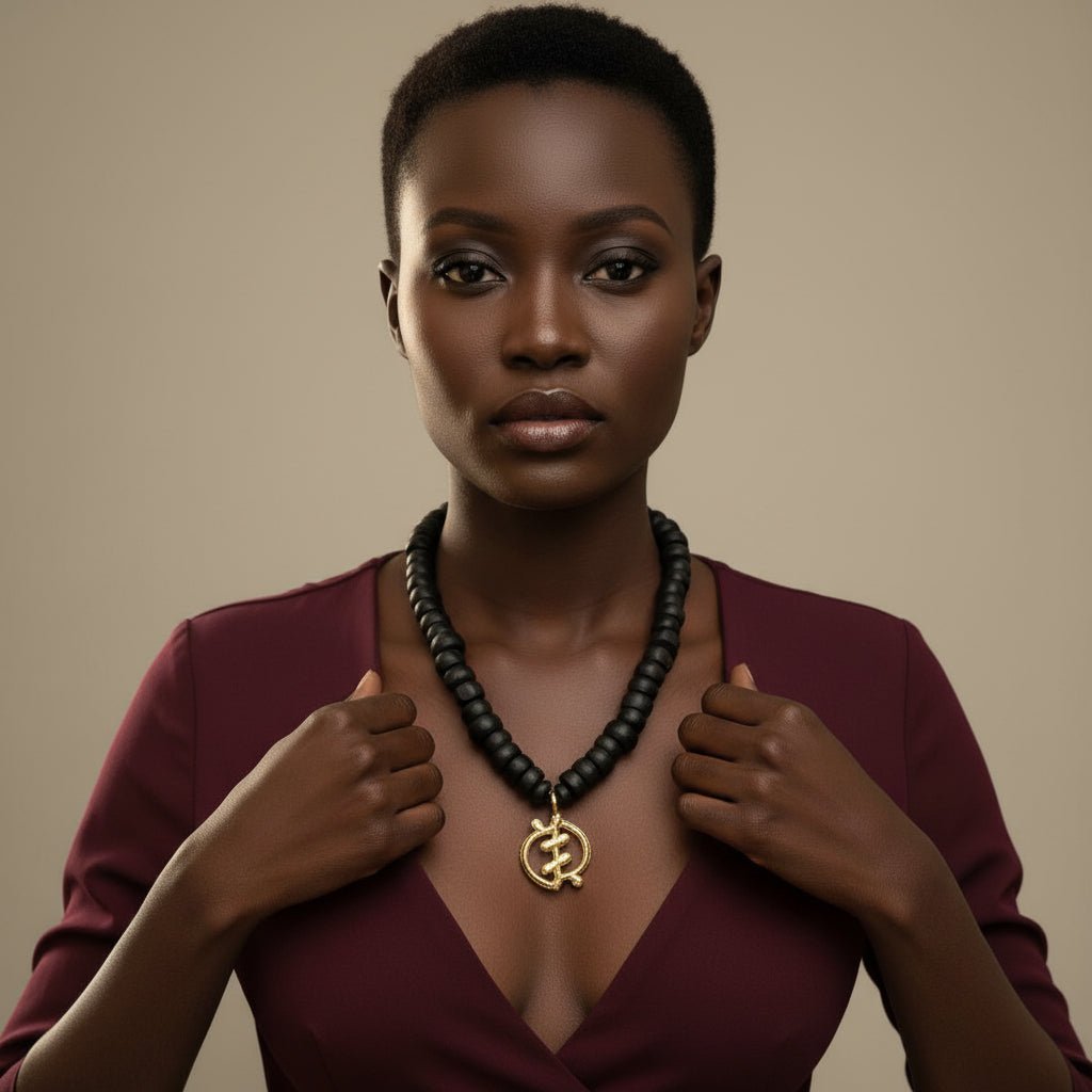 Collier africain perles bois Guele Djiri et poids Akan en Collier perles bois Mali et poids akan Ghana artisanal africain - KaolackCreations