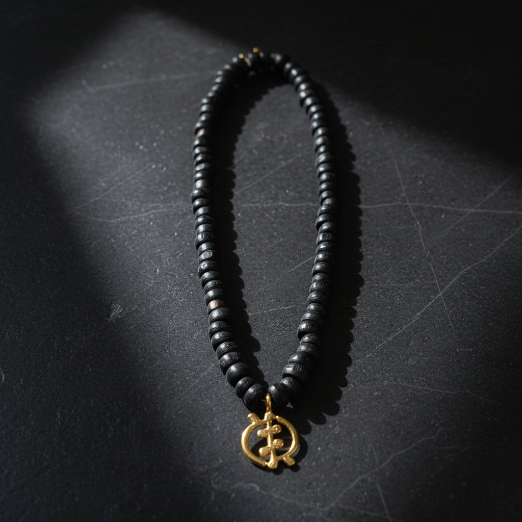 Collier africain perles bois Guele Djiri et poids Akan en Collier perles bois Mali et poids akan Ghana artisanal africain - KaolackCreations
