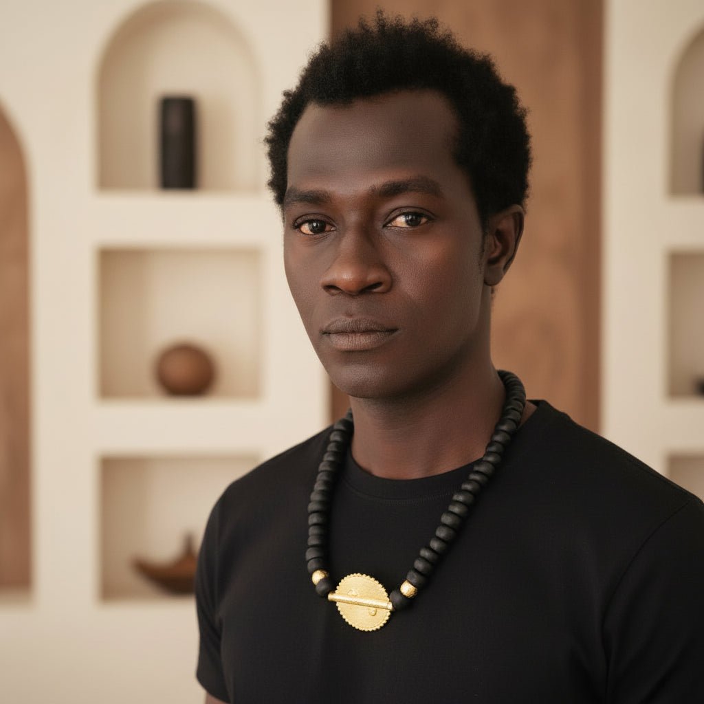 Collier africain perles bois Guele Djiri et poids Akan en Collier perles bois Mali et poids akan Ghana artisanal africain - KaolackCreations