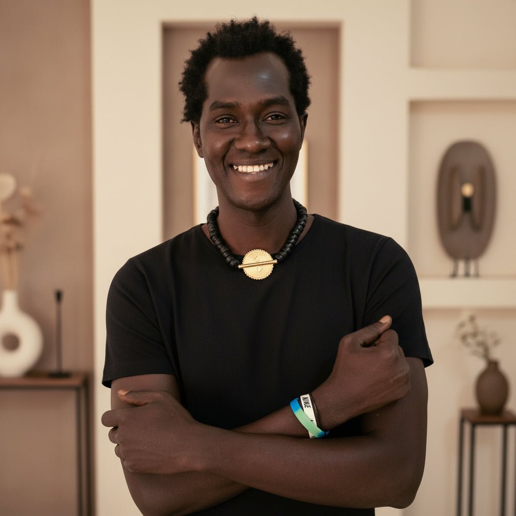 Collier africain perles bois Guele Djiri et poids Akan en Collier perles bois Mali et poids akan Ghana artisanal africain - KaolackCreations