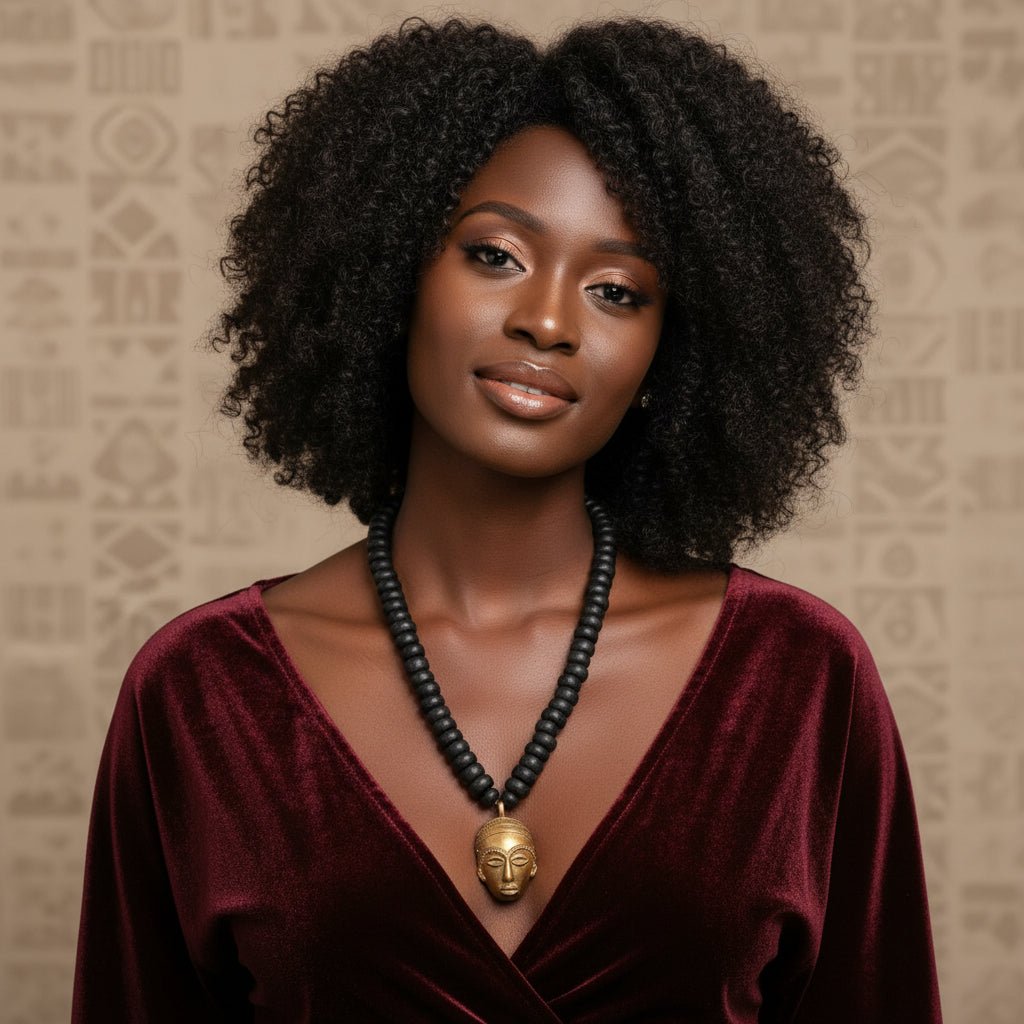 Collier africain perles bois Guele Djiri et poids Akan en Collier perles bois Mali et poids akan Ghana artisanal africain - KaolackCreations