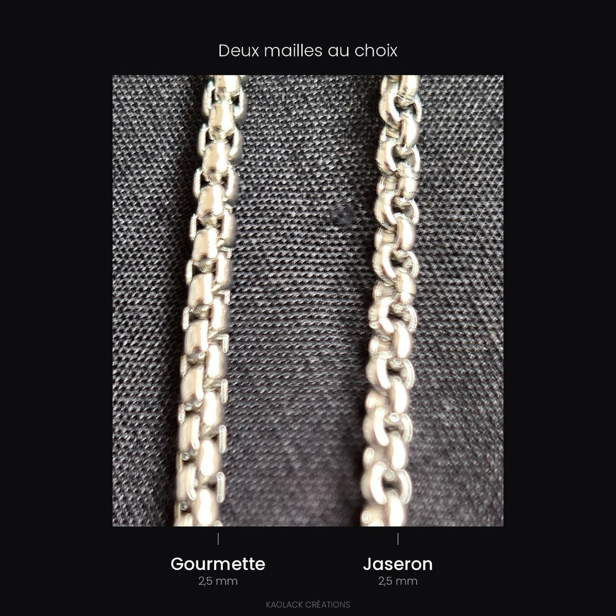 Comparatif des deux mailles du collier Ankh en 2,5 mm : jaseron ronde et gourmette aux maillons aplatis