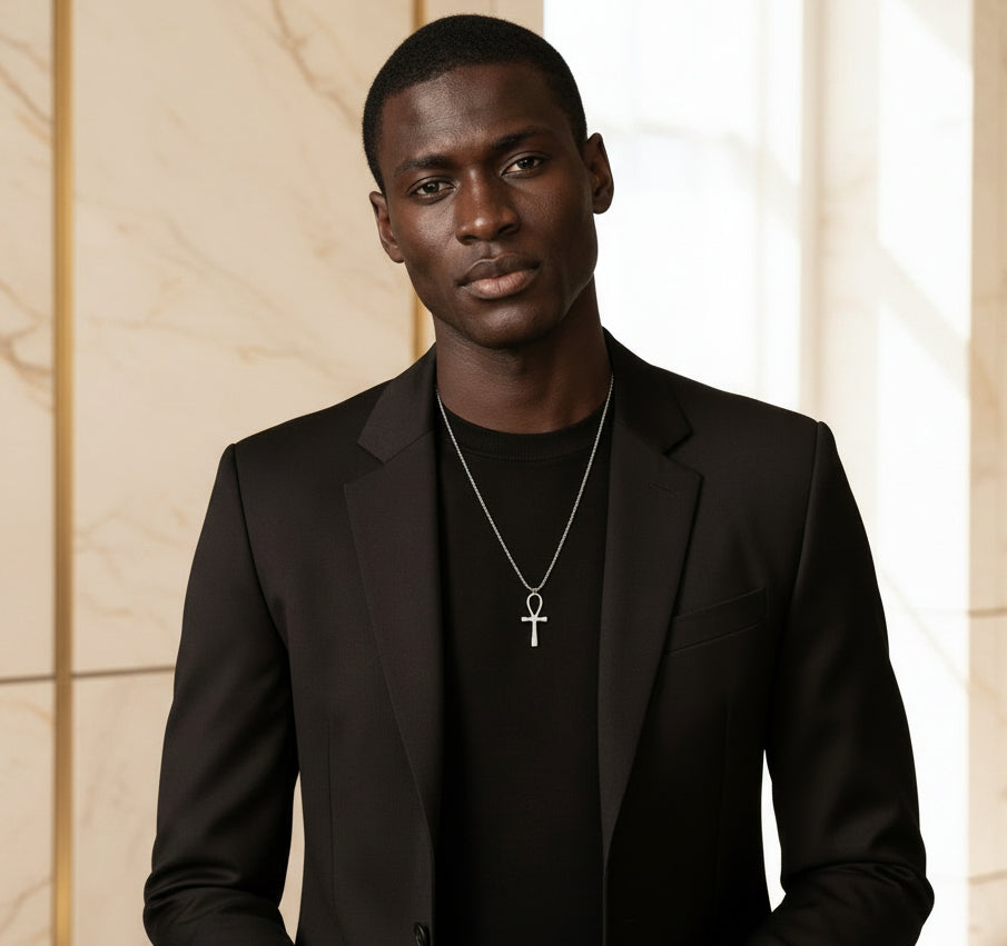 Homme portant le collier Ankh argenté, pendentif croix de vie en Zamak sur chaîne acier inoxydable