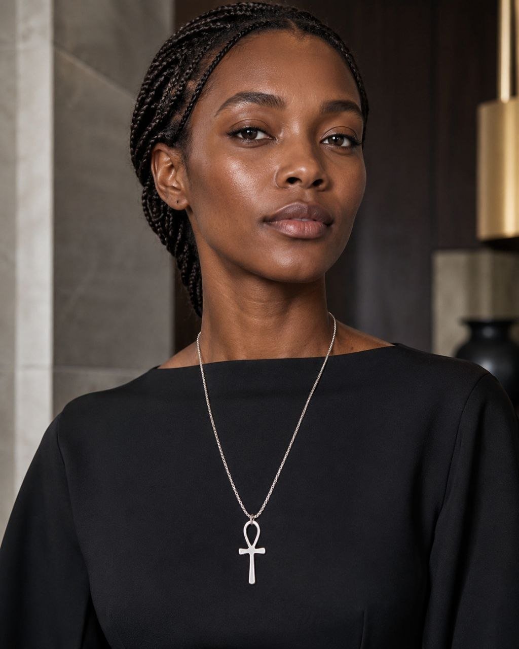 Femme en haut noir portant le collier Ankh argenté, la croix de vie se détachant sur le tissu sombre