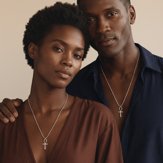 Femme et homme portant chacun le collier Ankh argenté à pendentif Zamak sur chaîne en acier inoxydable
