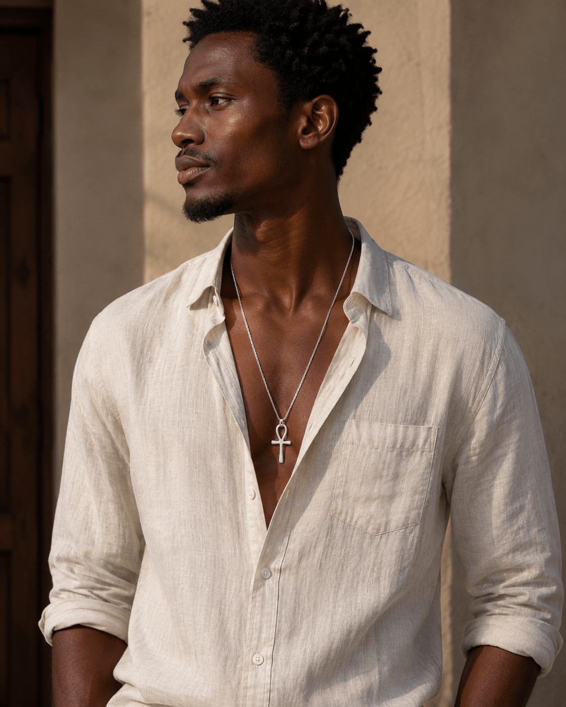 Homme en chemise blanche portant le collier Ankh argenté sur chaîne jaseron longue