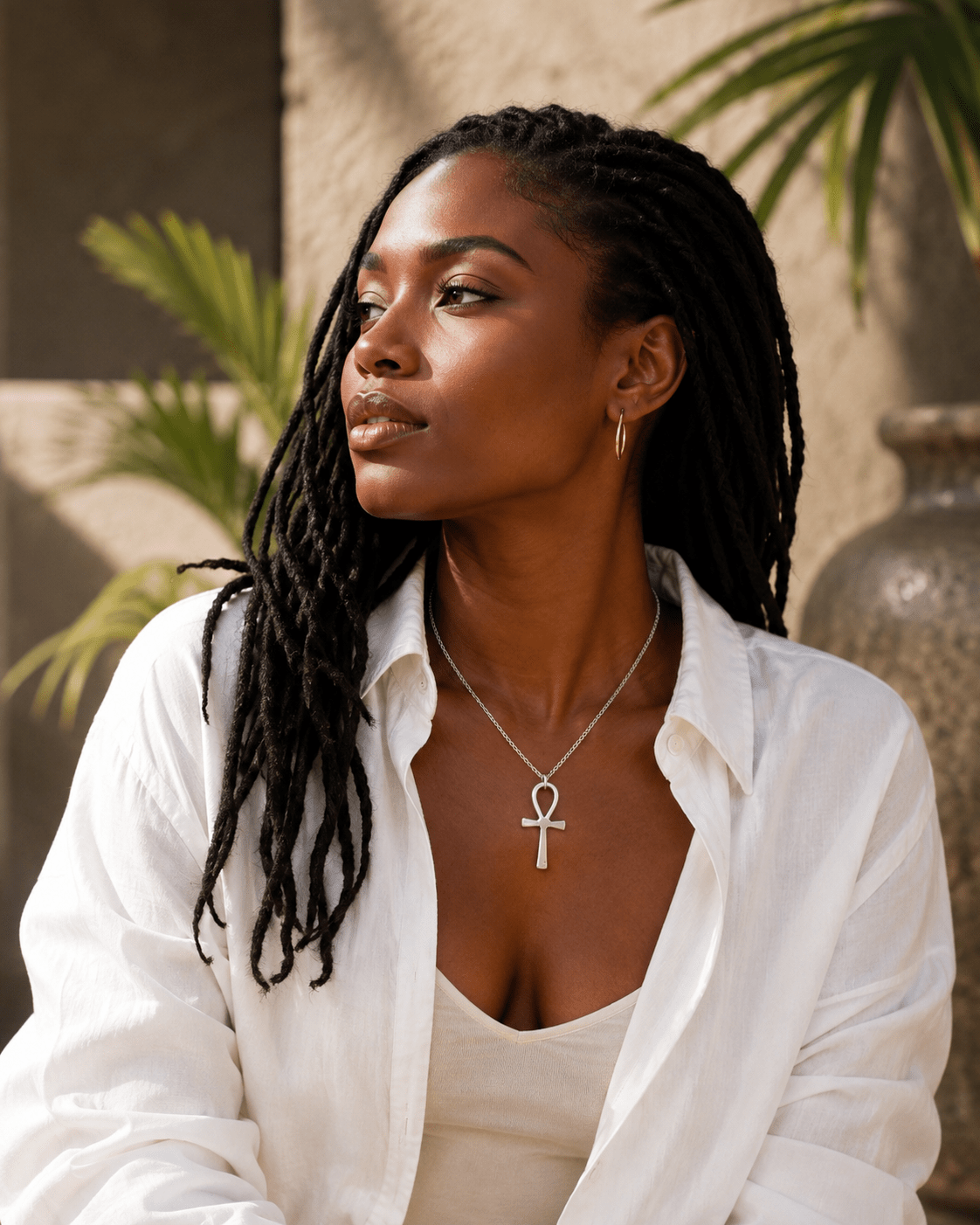 Femme en chemise blanche portant le collier Ankh argenté sur chaîne jaseron, pendentif Zamak 3,6 cm