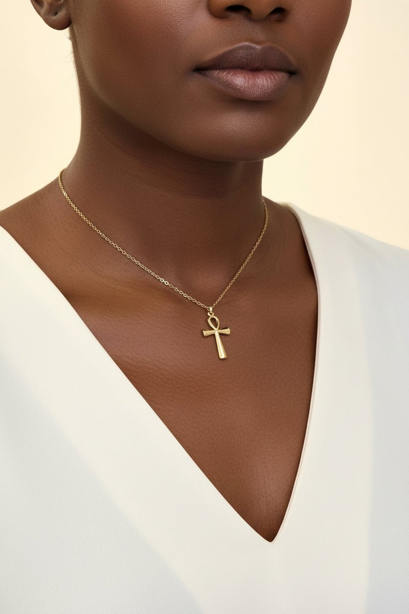 Collier Ankh doré en acier inoxydable – bijou Kamite symbolique mixte en collier ankh acier inoxydable artisanal africain - KaolackCreations