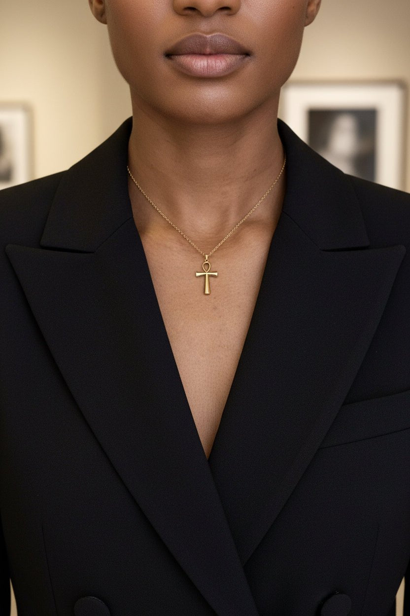 Collier Ankh doré en acier inoxydable – bijou Kamite symbolique mixte en collier ankh acier inoxydable artisanal africain - KaolackCreations