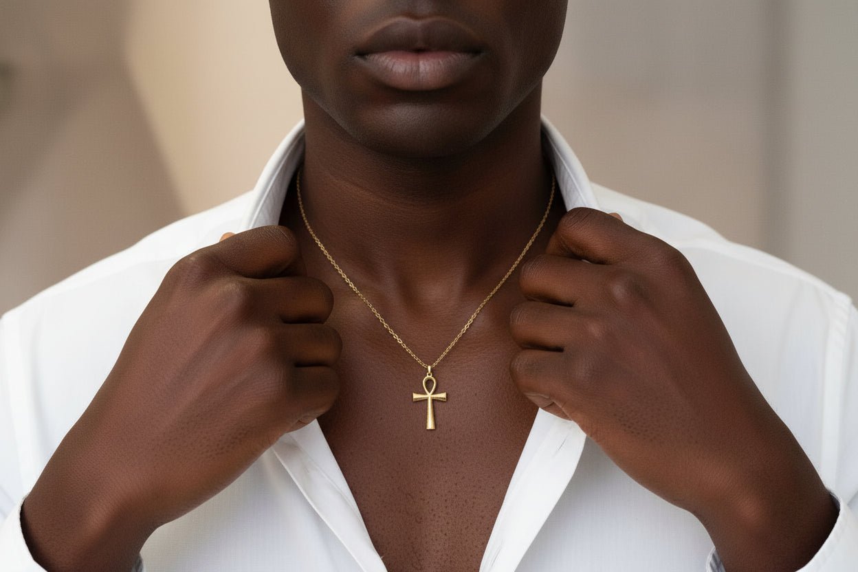 Collier Ankh doré en acier inoxydable – bijou Kamite symbolique mixte en collier ankh acier inoxydable artisanal africain - KaolackCreations