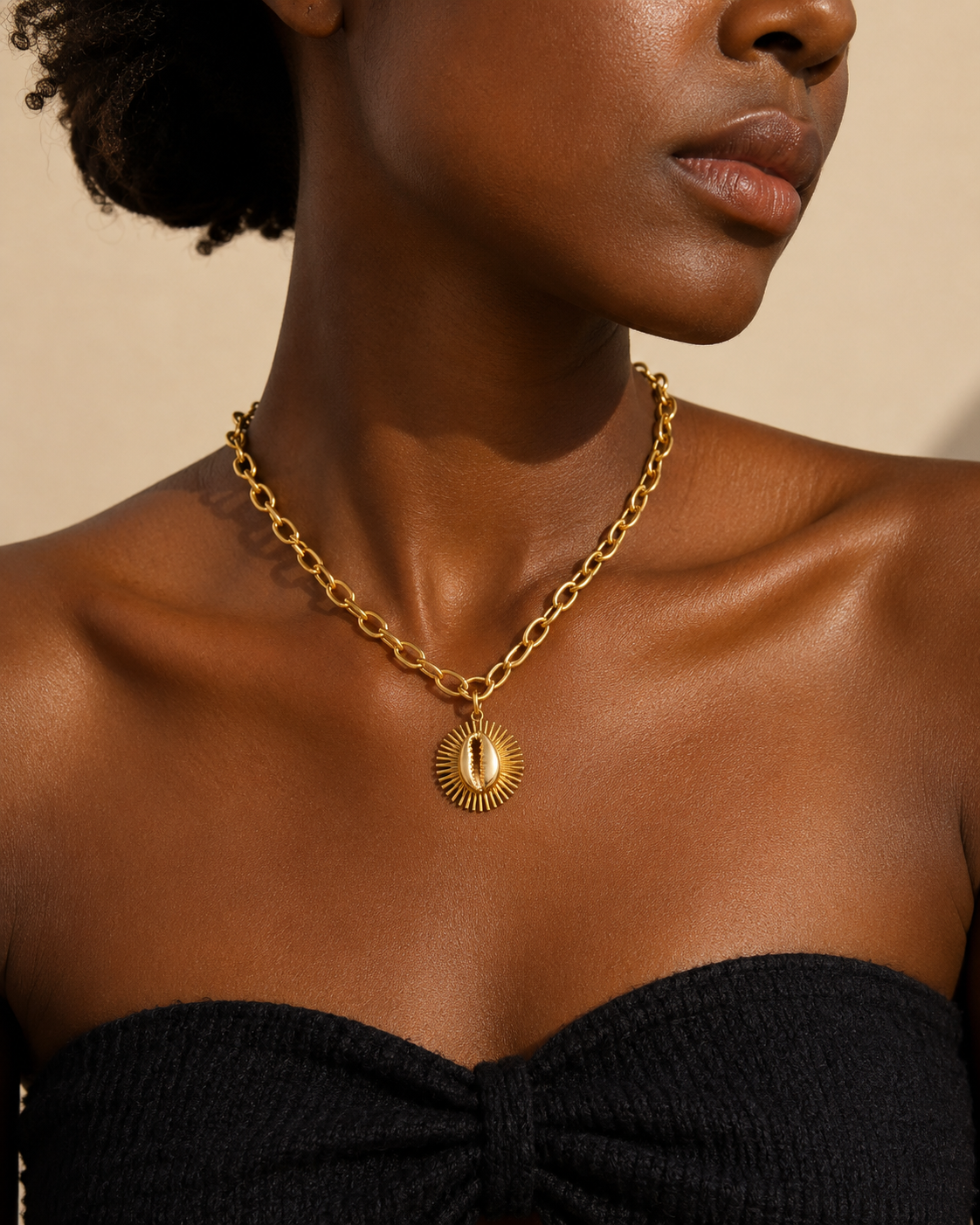 Collier Double Porté ajustable – bijou de dos, cauri en bronze, Kheper ou Aten-Râ