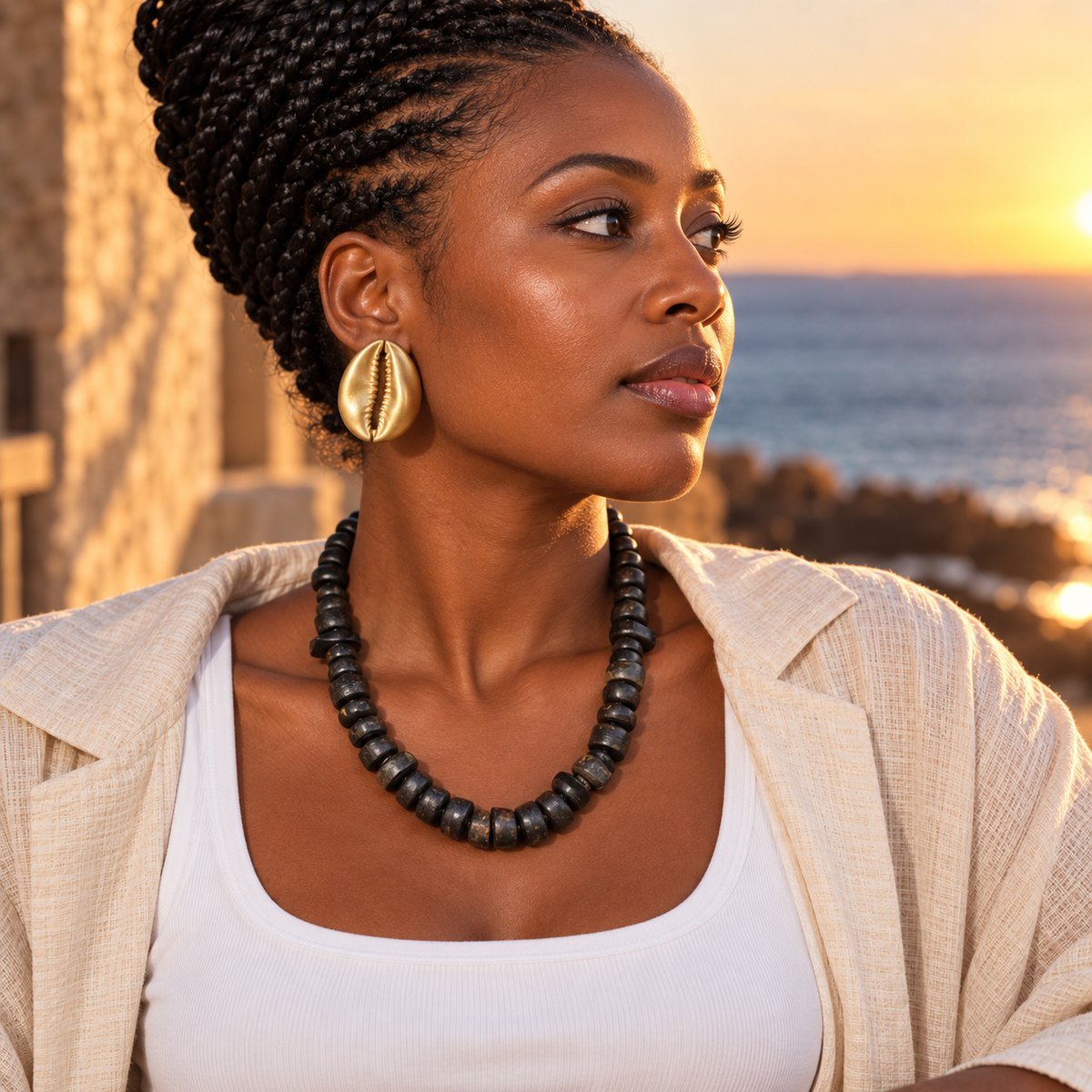 Femme aux tresses relevées portant le collier court en perles de bois Guele Djiri sur un débardeur blanc au coucher du soleil