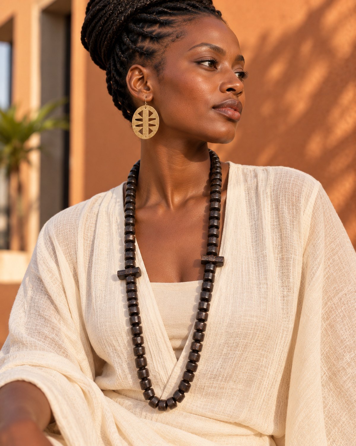 Femme portant le collier long Guele Djiri en perles de bois sur une tenue écrue drapée, devant un mur ocre