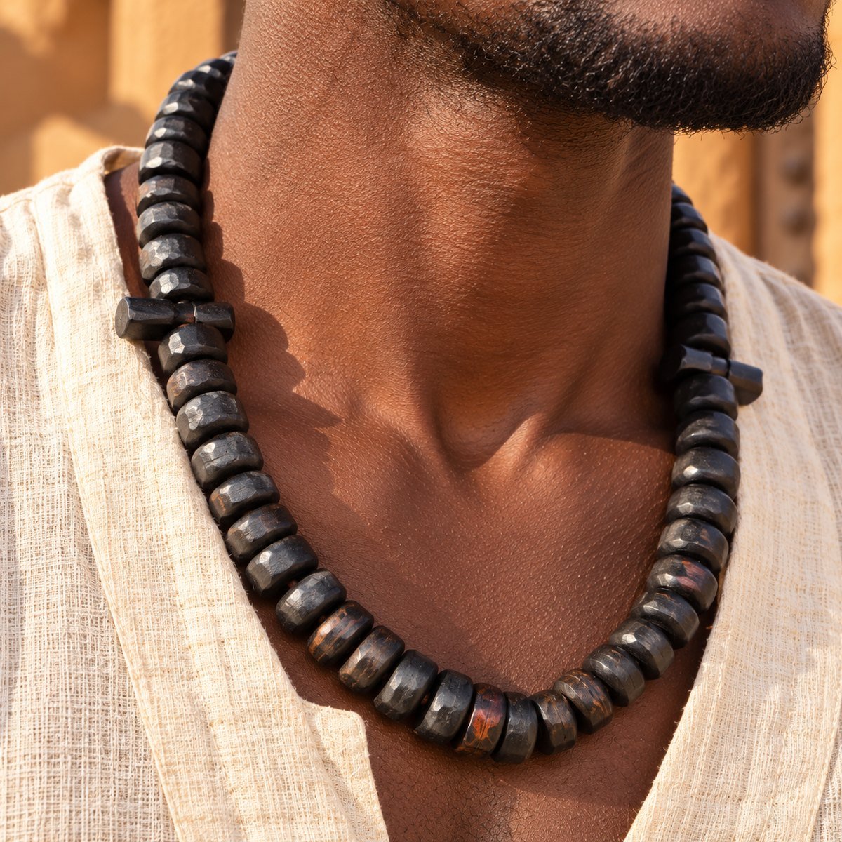 Gros plan sur les perles de bois de guele taillées à la main et une seddé posée en travers, collier Guele Djiri porté