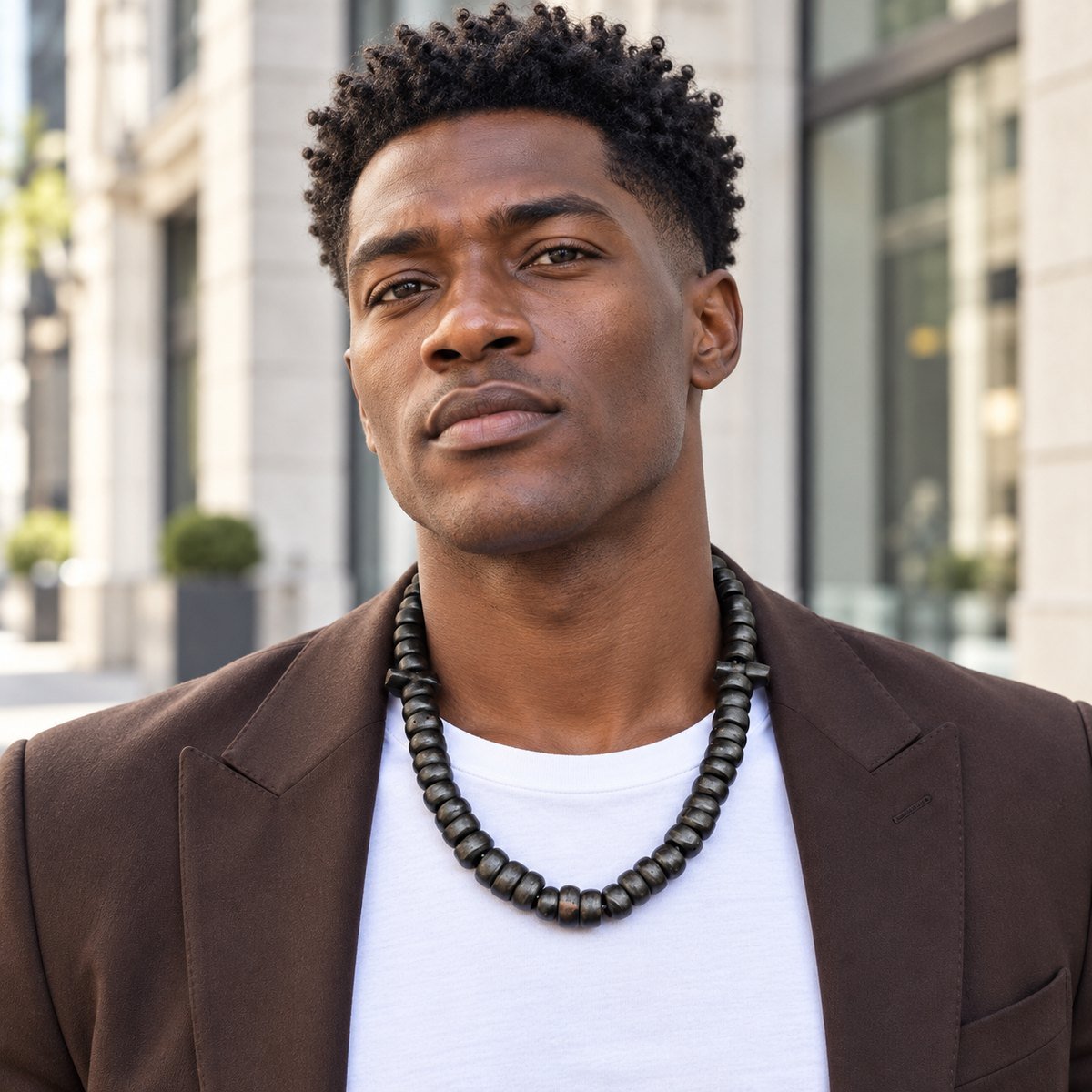 Collier court en perles de bois Guele Djiri porté avec un t-shirt blanc et une veste marron en ville