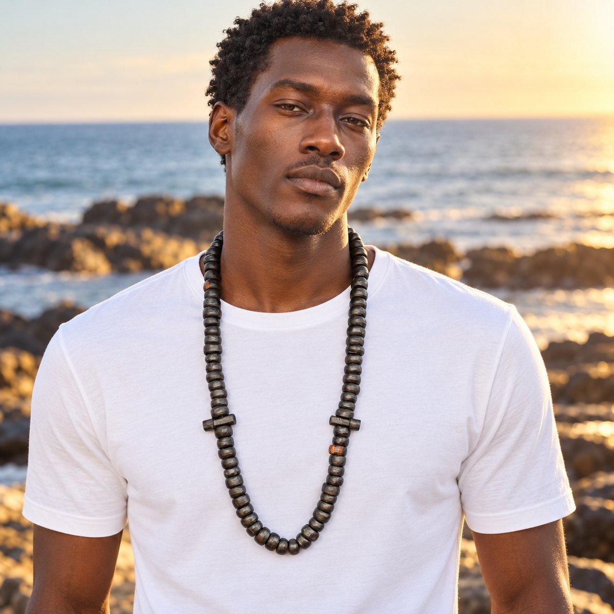 Collier long Guele Djiri avec ses deux seddé, porté sur un t-shirt blanc face à l'océan au coucher du soleil