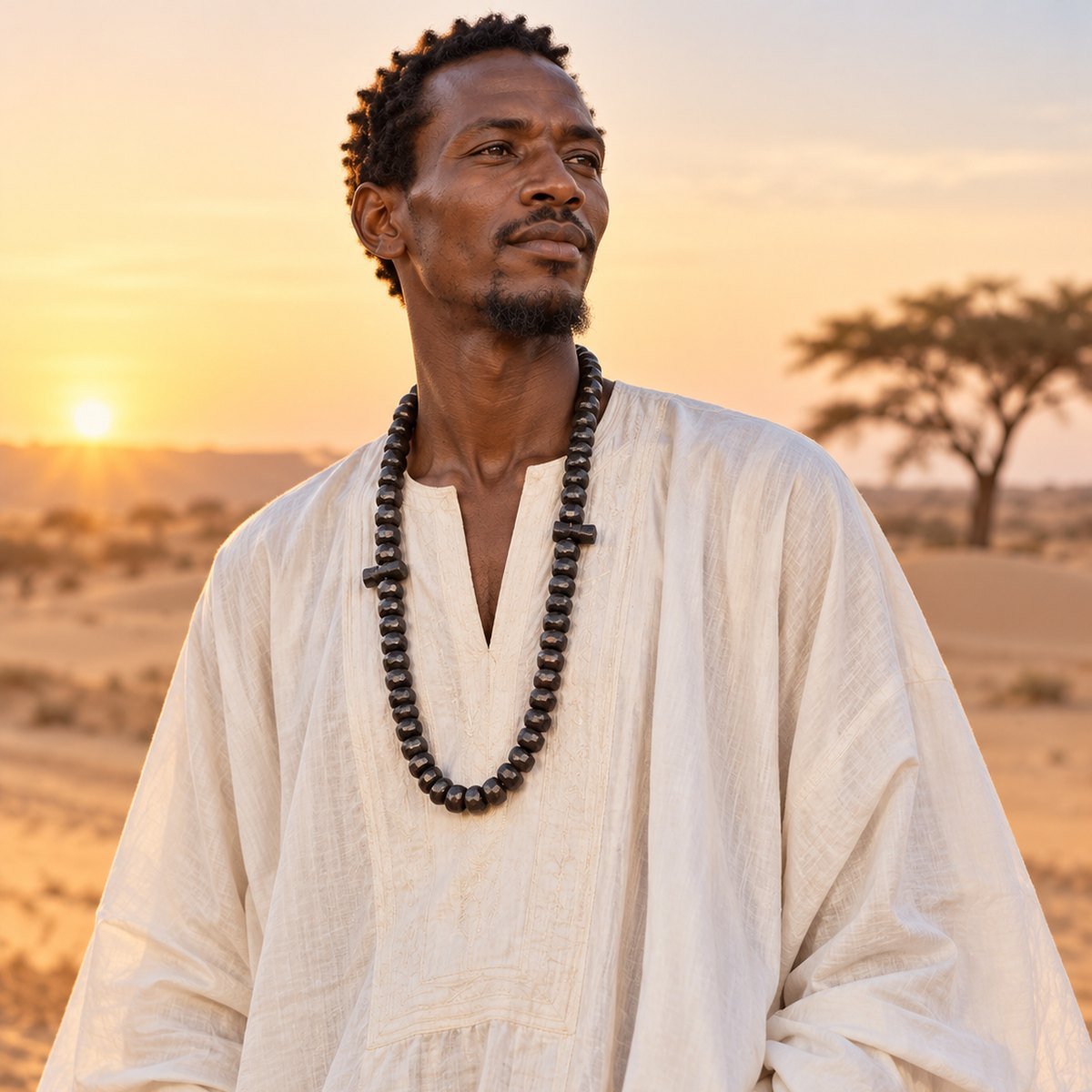 Collier en perles de bois Guele Djiri porté sur un grand boubou blanc dans les dunes du Sahel au coucher du soleil