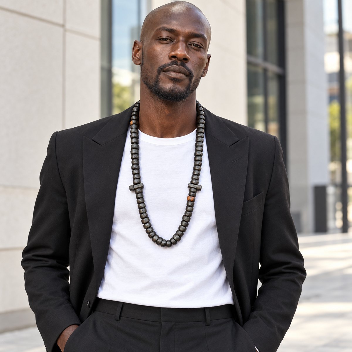Collier long en perles de bois Guele Djiri porté sur un t-shirt blanc et un costume noir