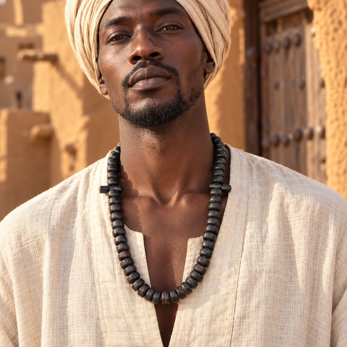 Homme en turban et tunique de lin écru portant le collier long en perles de bois Guele Djiri devant une maison en banco