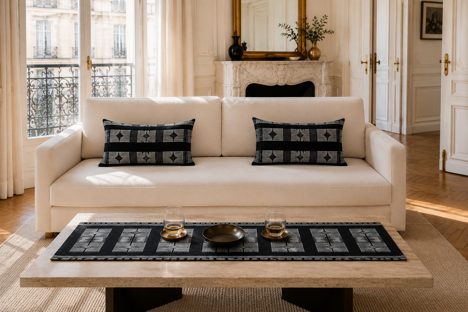 Coussins et chemin de table en pagne Manjak noir et blanc dans un intérieur parisien