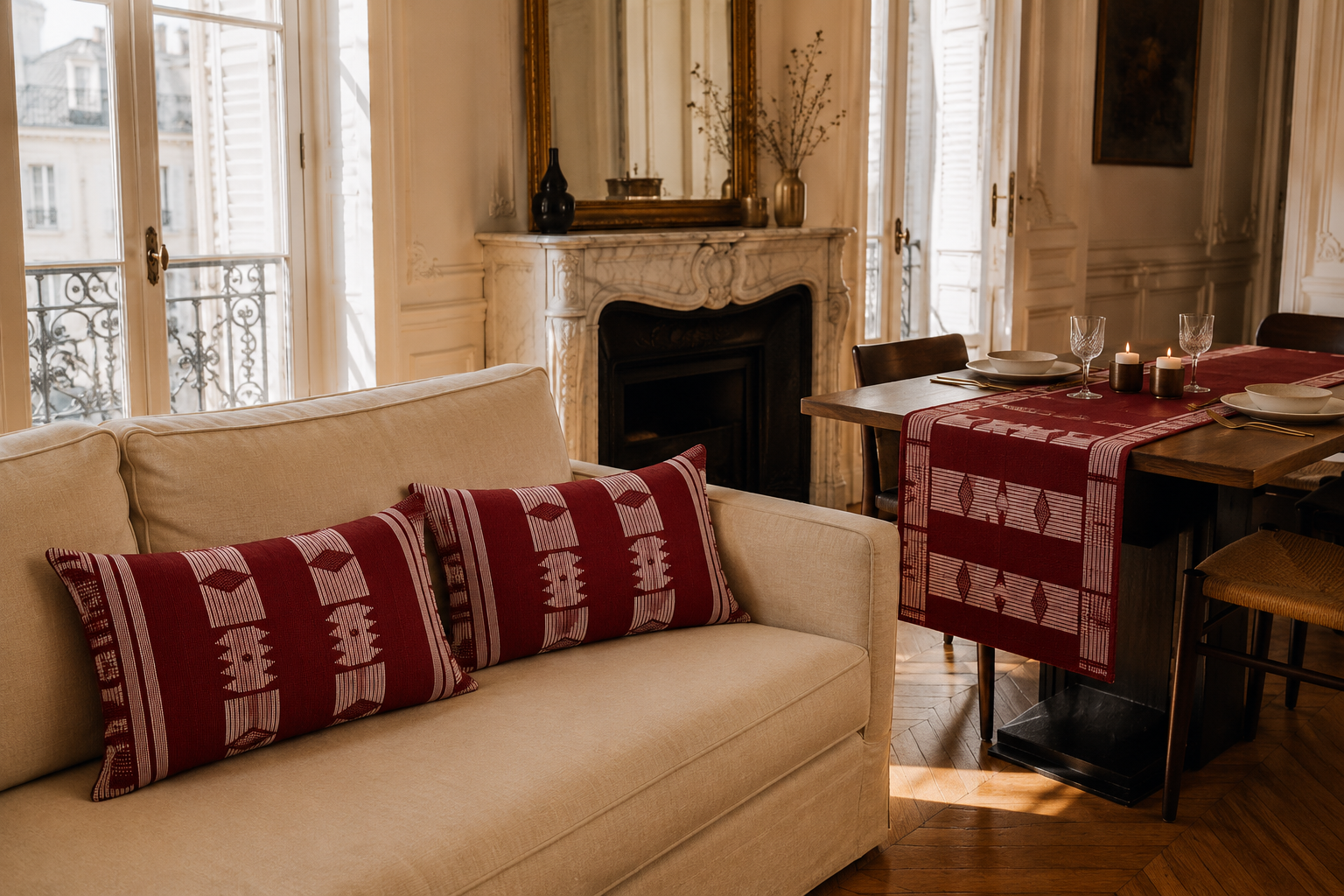 Coussins et chemin de table en pagne Manjak rouge foncé dans un intérieur parisien