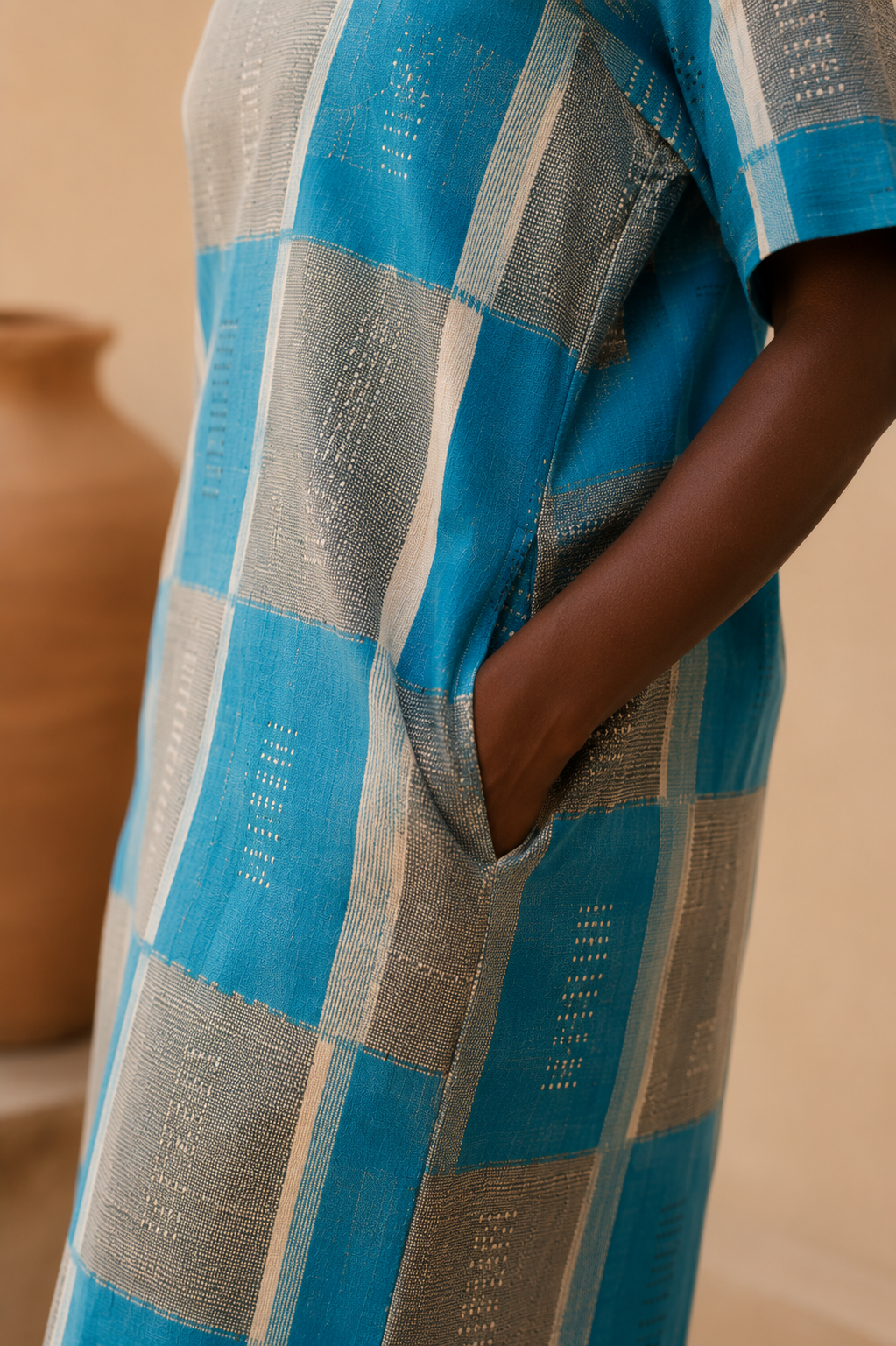 Détail poche latérale et du tissage d'une robe en véritable pagne tissé Sénoufo de Waraniéré