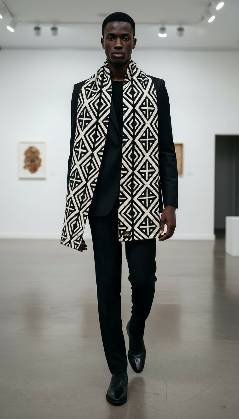 Écharpe en bogolan doublée de coton noir – textile africain graphique en Echarpe artisanal africain - KaolackCreations