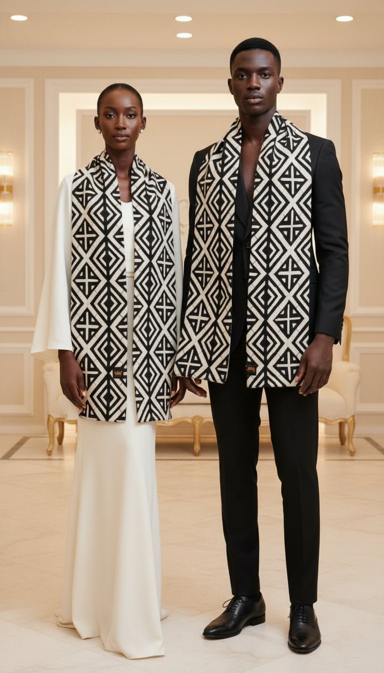 Écharpe en bogolan doublée de coton noir – textile africain graphique en Echarpe artisanal africain - KaolackCreations