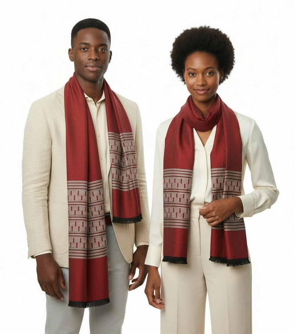 Écharpe Manjak rouge en coton, portée par une femme, style afro chic