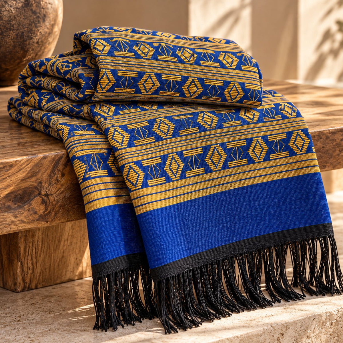 Écharpe-étole Manjak de Luxe bleu roi pliée sur un banc en bois, motifs jaune doré tissés main sur toute la longueur et franges noires