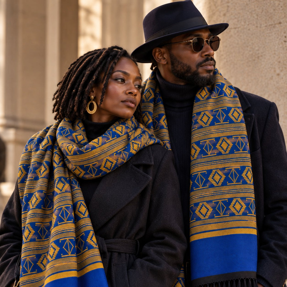 Couple portant l'écharpe-étole Manjak de Luxe bleu roi et jaune doré sur des manteaux noirs – modèle mixte