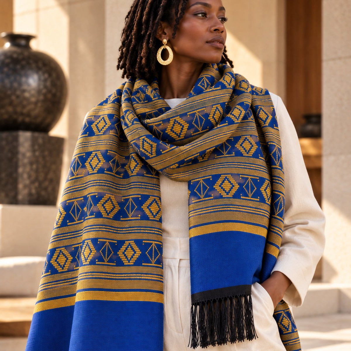 Écharpe-étole Manjak de Luxe bleu roi et jaune doré nouée autour du cou par une femme en tenue écrue