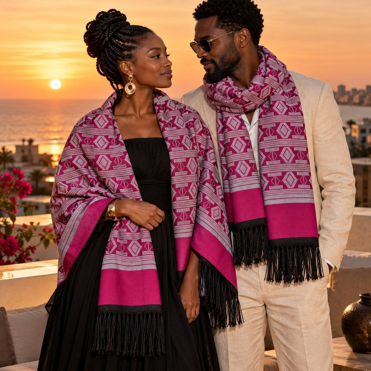 Couple portant l'écharpe-étole Manjak de Luxe fuchsia sur un toit-terrasse à Dakar au coucher du soleil – en châle pour elle, autour du cou pour lui