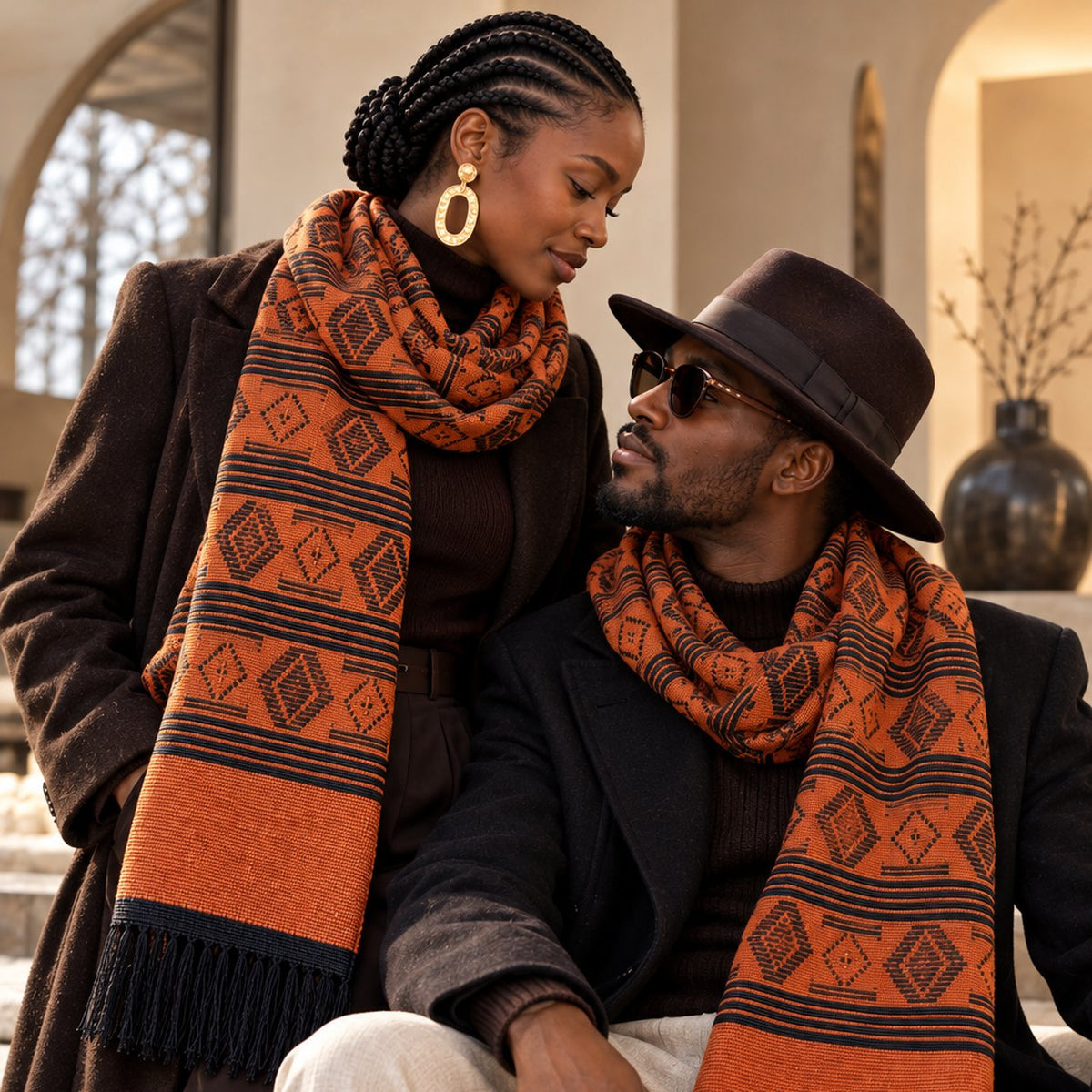 Couple portant l'écharpe-étole Manjak de Luxe orange brique et noire nouée autour du cou – modèle mixte